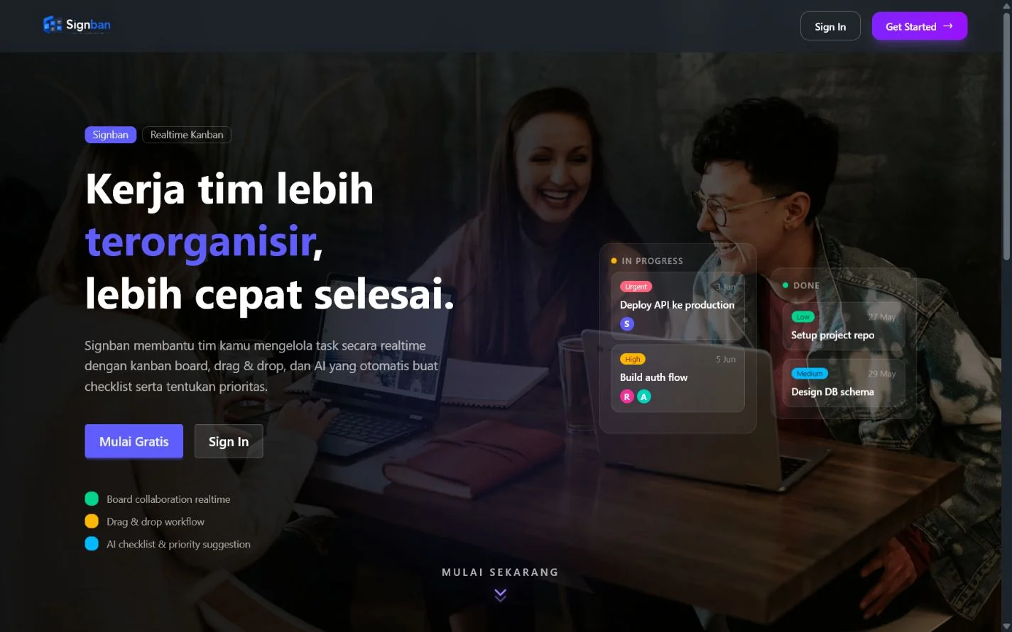Signban homepage showing its real-time Kanban collaboration experience